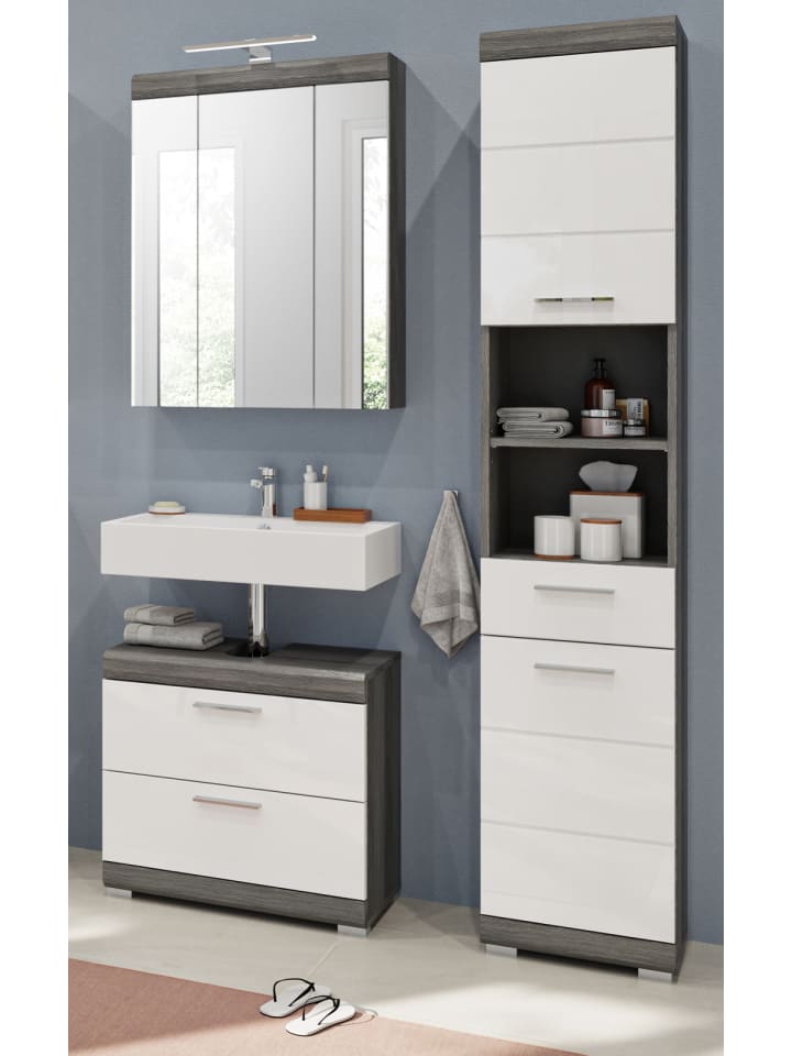 Badmöbel-Set weiß Hochglanz, grau 3-teilig 112 cm, Komplettset mit 15 Fächern