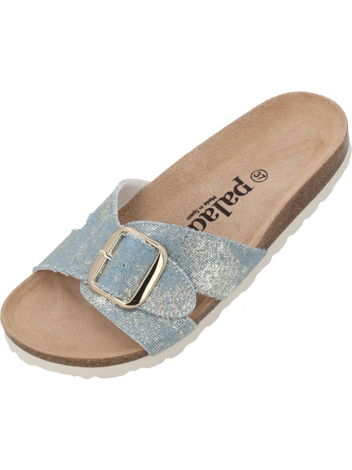 Pantoletten Tinos Jeans in Hellblau/Gold
