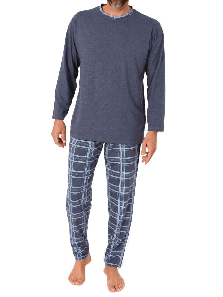 Schlafanzug langarm Karohose in navy