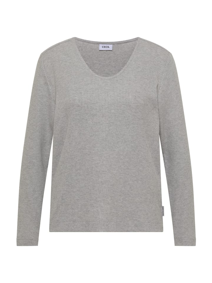 Langarmshirt mit V-Ausschnitt und Rippstruktur in Light Grey Melange