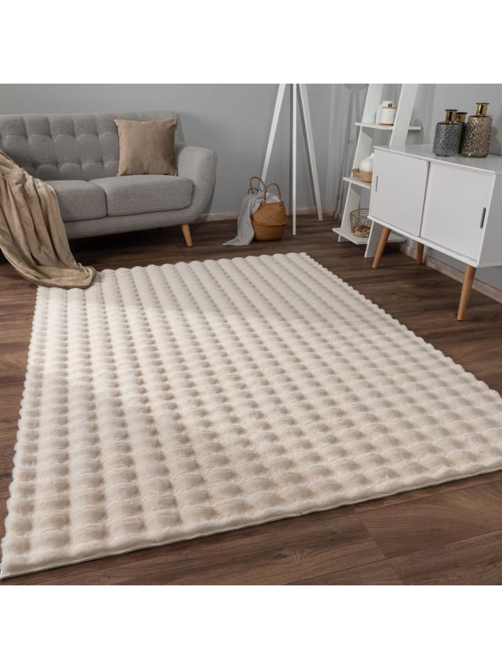Hochflor Teppich Shaggy waschbar Unifarben Struktur Schlafzimmer in Creme