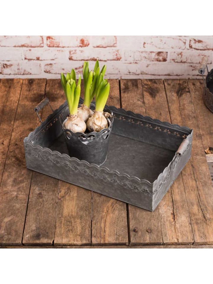 Deko Tablett FELINI Eckig Klein Zink mit Holzgriffen 34x23 cm