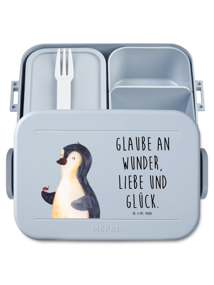 Lunch Box Pinguin Marienkäfer Motiv mit Spruch in Blau Pastell