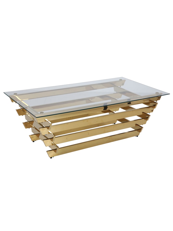 Couchtisch 130x70 cm Klarglasplatte 8 mm und Edelstahlgestell in Goldfarben