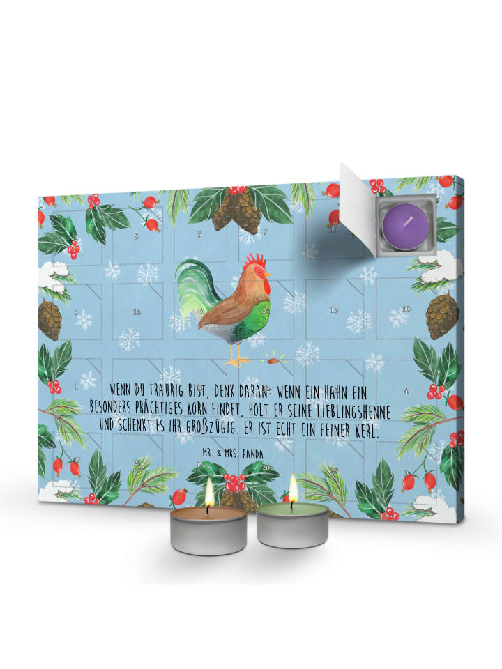 Adventskalender Hahn Korn mit Spruch in Eisblau