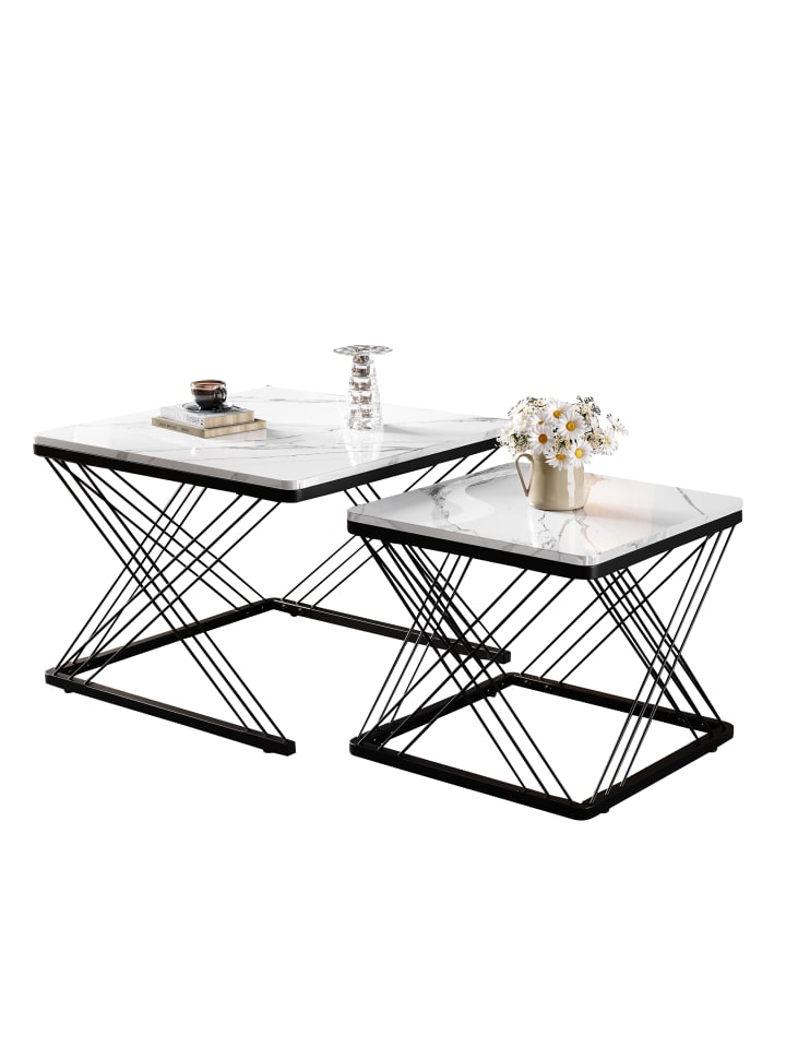 Couchtisch Set in Weiß 2-tlg Marmoroptik 60x45 cm 45x40 cm höhenverstellbar