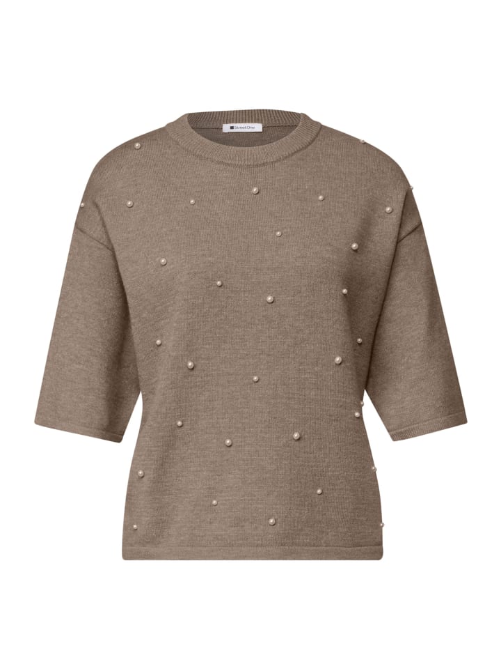 Strickpullover mit Rundhals und Perlendetails in Sanded Amber Mel.