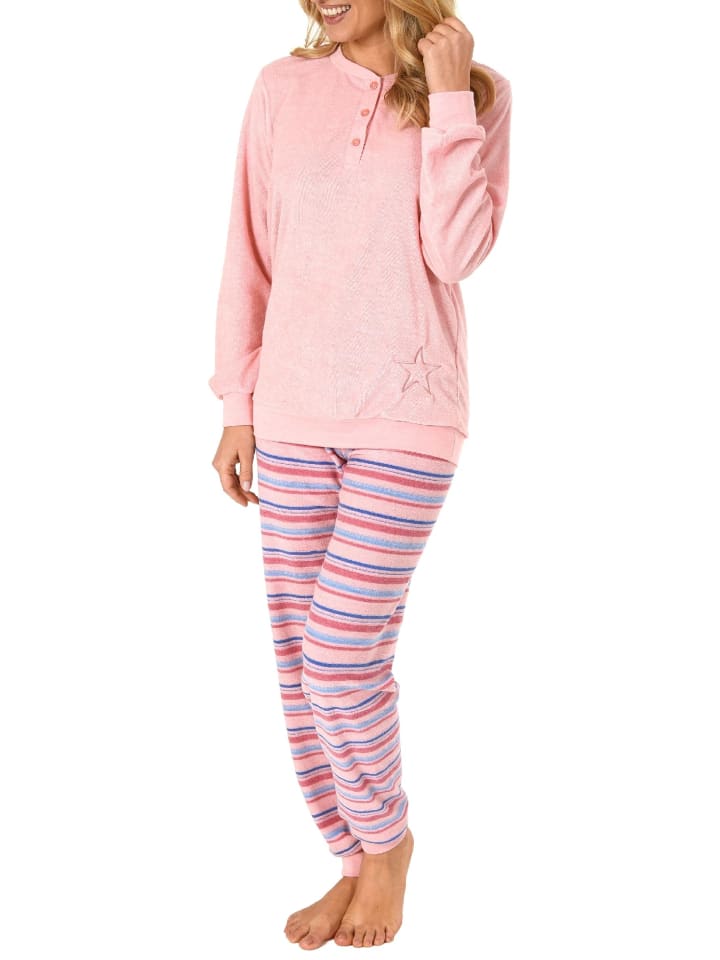 Frottee Pyjama lang Bündchen Hose gestreift - 48881 in rosa