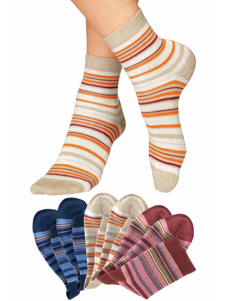 Socken in 2x beige-melange, 2x rot-melange, 2x blau