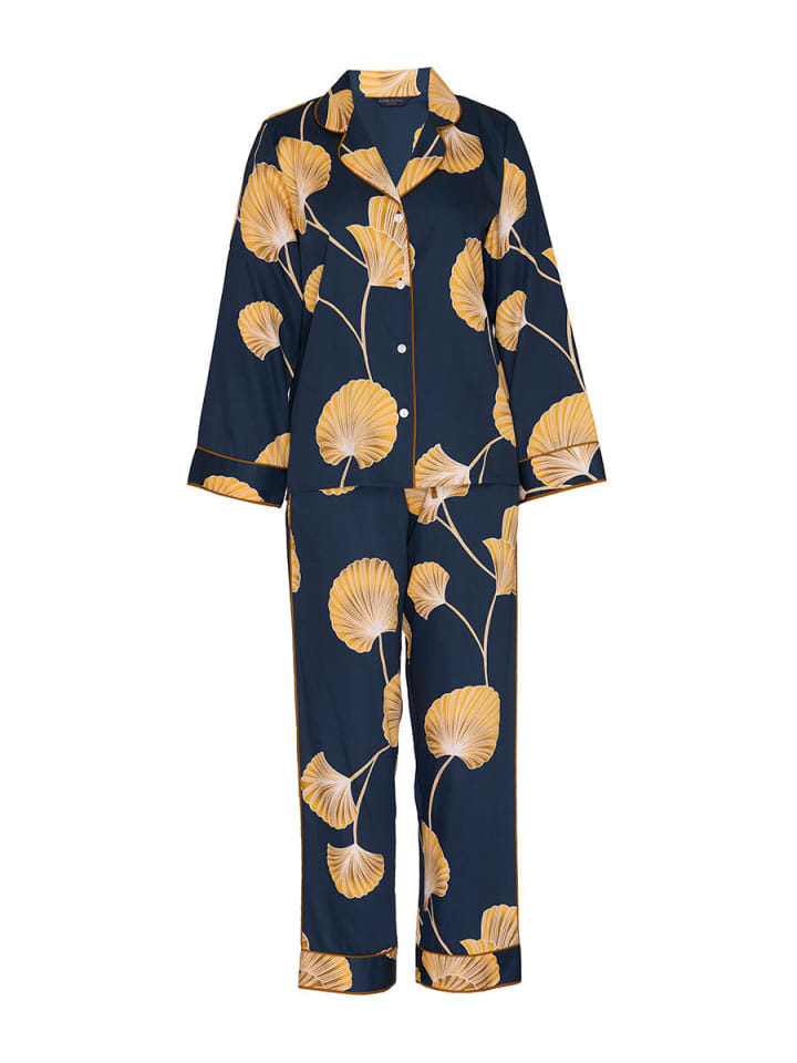 Sapphire Navy Mix Woven Leaf Print Long Sleeve Pyjama Set Nachtwäsche in blau