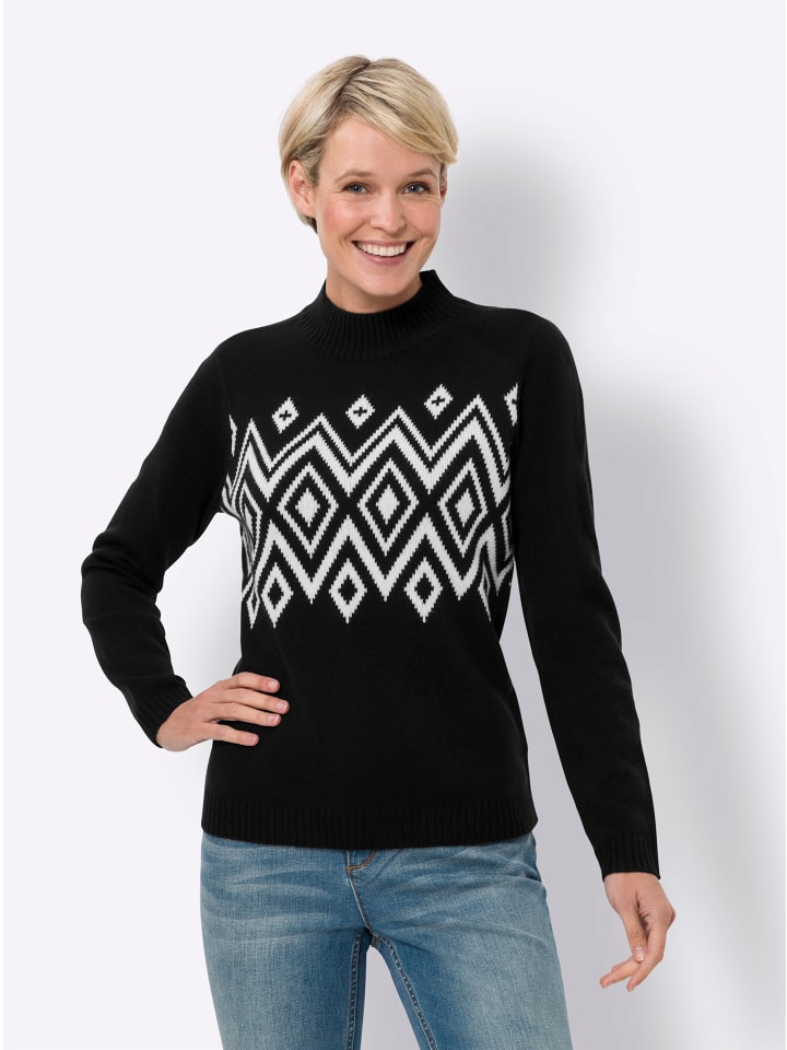Stehkragen-Pullover in schwarz-ecru