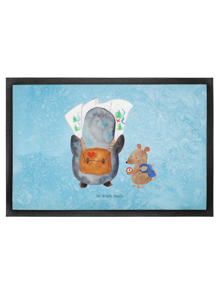 Fußmatte Pinguin & Maus Wanderer ohne Spruch in Eisblau