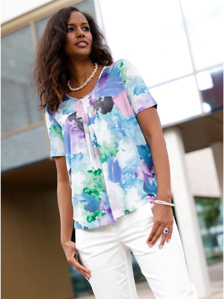 Rundhals-Shirt in eisblau-rosé-bedruckt