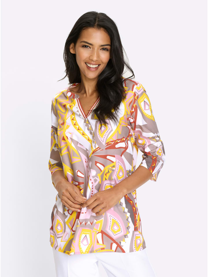 Longbluse in sonnengelb-ecru-bedruckt