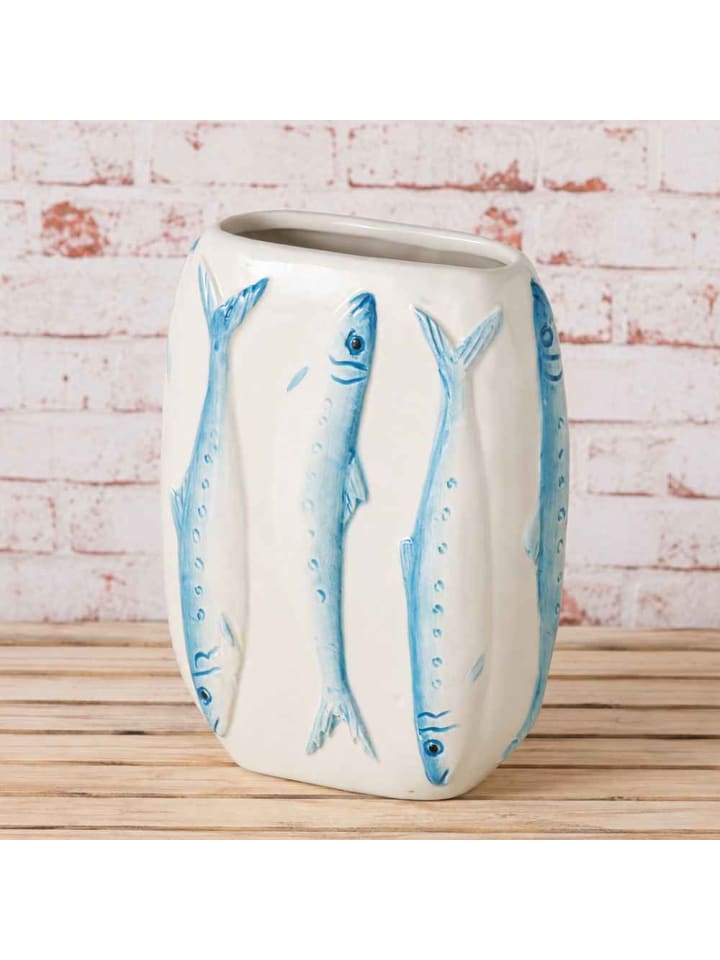 Vase SARDINA Keramik Blumenvase FISCHE Weiß Blau 16 cm