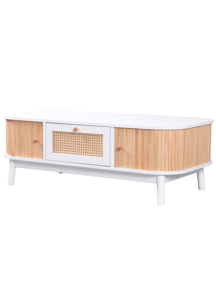 Couchtisch in Weiß mit Massivholzbeinen und 2 Schubladen 110x55 cm