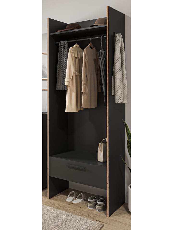 Garderobe grau und Nox Eiche, Kompaktgarderobe 70 x 189 cm, Salud