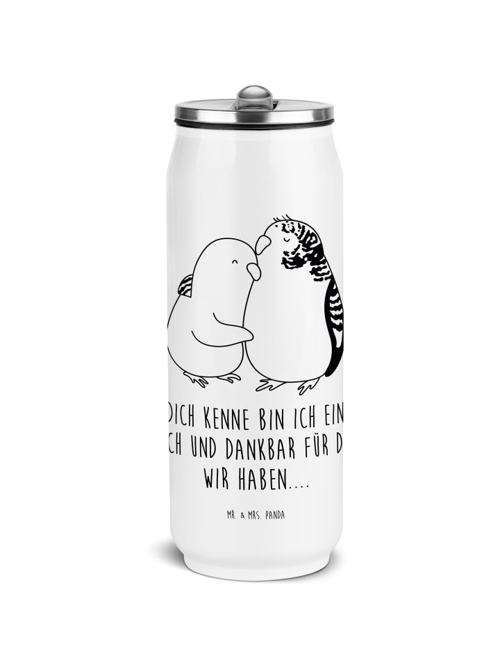 Thermosflasche Wellensittich Liebe mit Spruch in Weiß