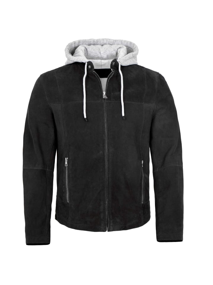 Lederjacke Kapuze Lammvelour in Schwarz