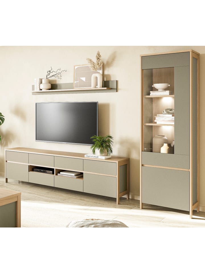 Wohnwand Salbei grün, Eiche, Wohnkombination 3-teilig 266 cm mit Soft-Close