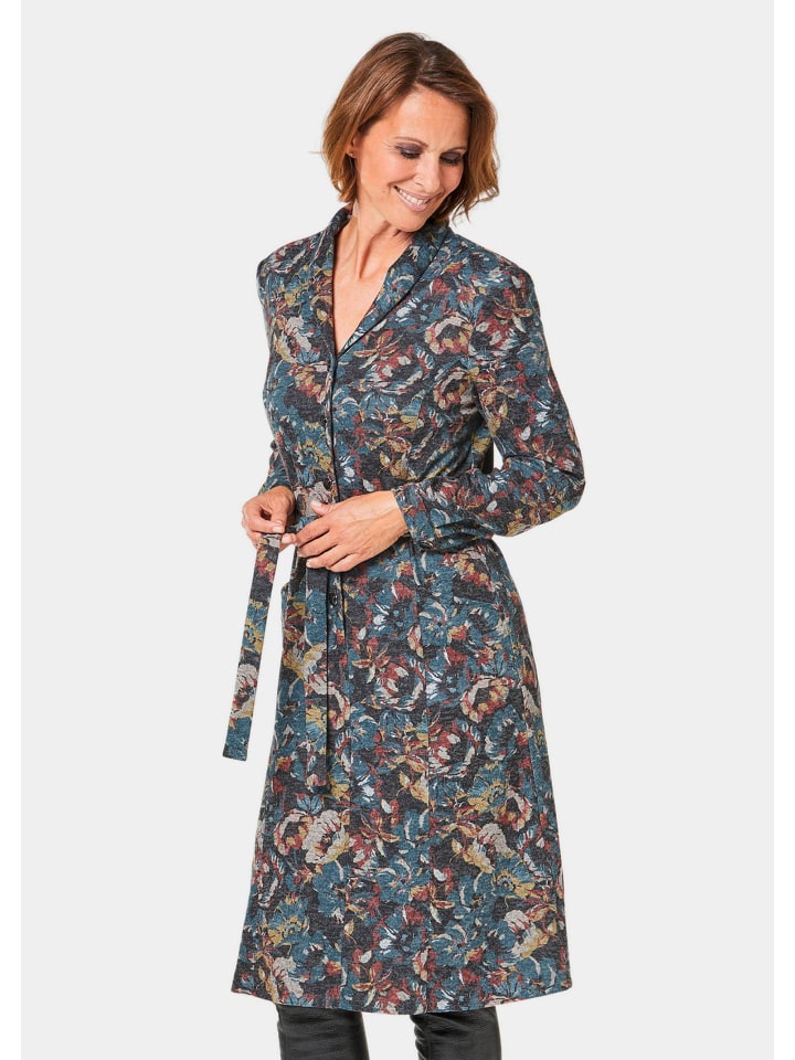 Hemdblusenkleid mit Bindegürtel in petrol / dunkelrot / gemustert