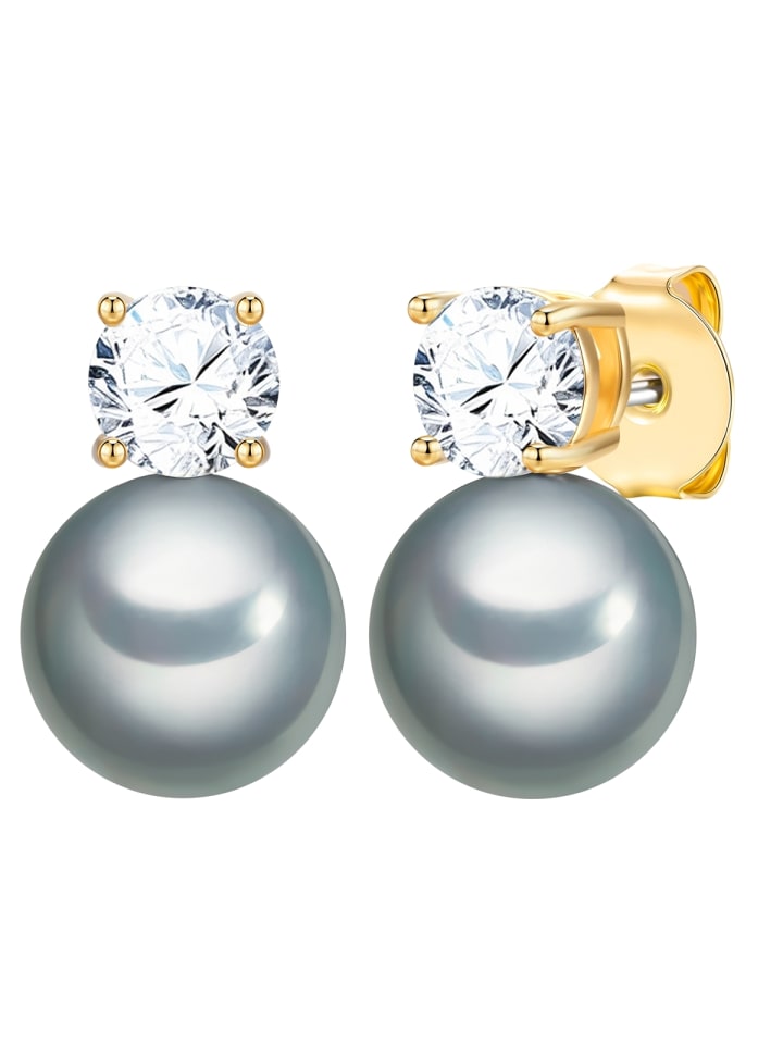 Perlen-Ohrstecker aus Messing mit Zirkonia und Glasperle in grau