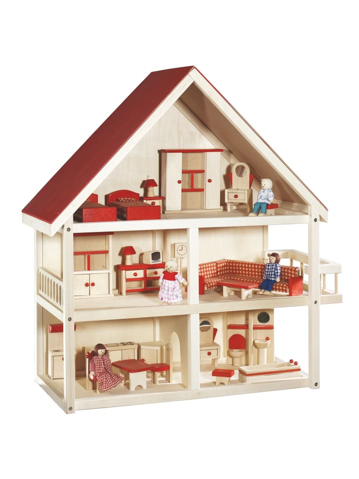 Holz-Puppenhaus natur – Puppenvilla mit Möbeln & Puppen für Mädchen