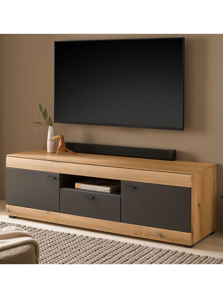 TV-Lowboard in Eiche, grau matt 150 cm, TV Unterschrank mit Soft-Close