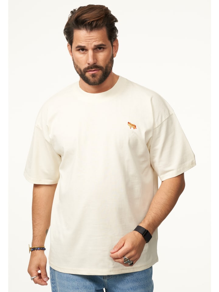 T-Shirt - mit Stickerei Oversize-Fit Kurzarm Shirt mit Crew-Neck in Ecru