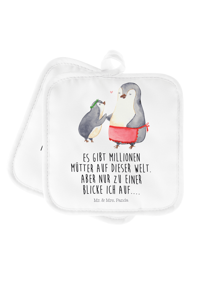 Topflappen Pinguin mit Kind mit Spruch in Weiß