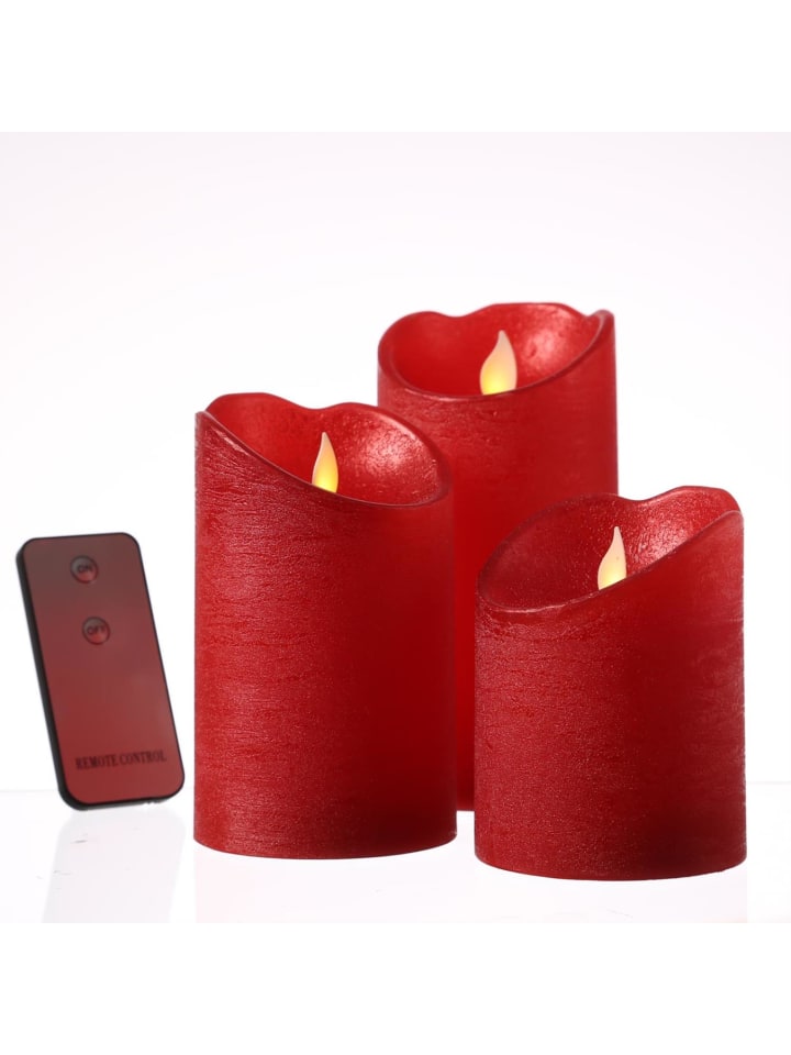 3x LED Kerze mit beweglicher Flamme Rustik-Optik 3 Größen in rot