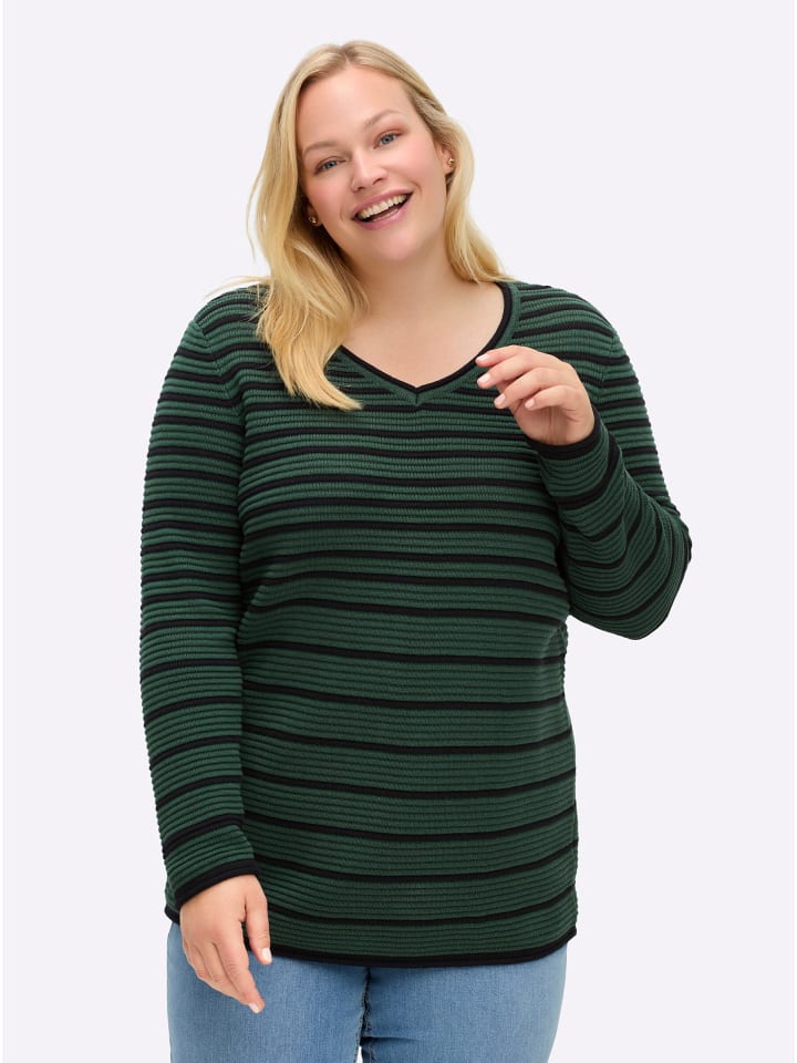 V-Pullover in moos-schwarz-geringelt