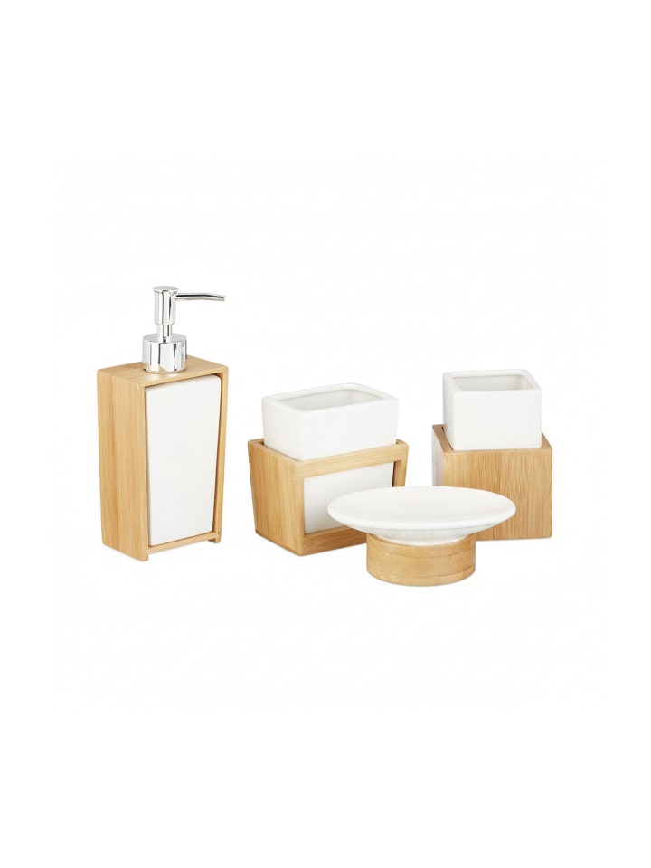 4tlg. Badezimmer Set in Natur/Weiß