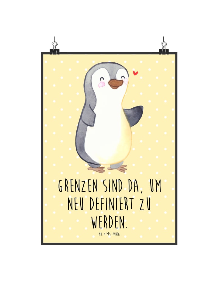 Wandbild Pinguin Amputation mit Spruch in Gelb Pastell