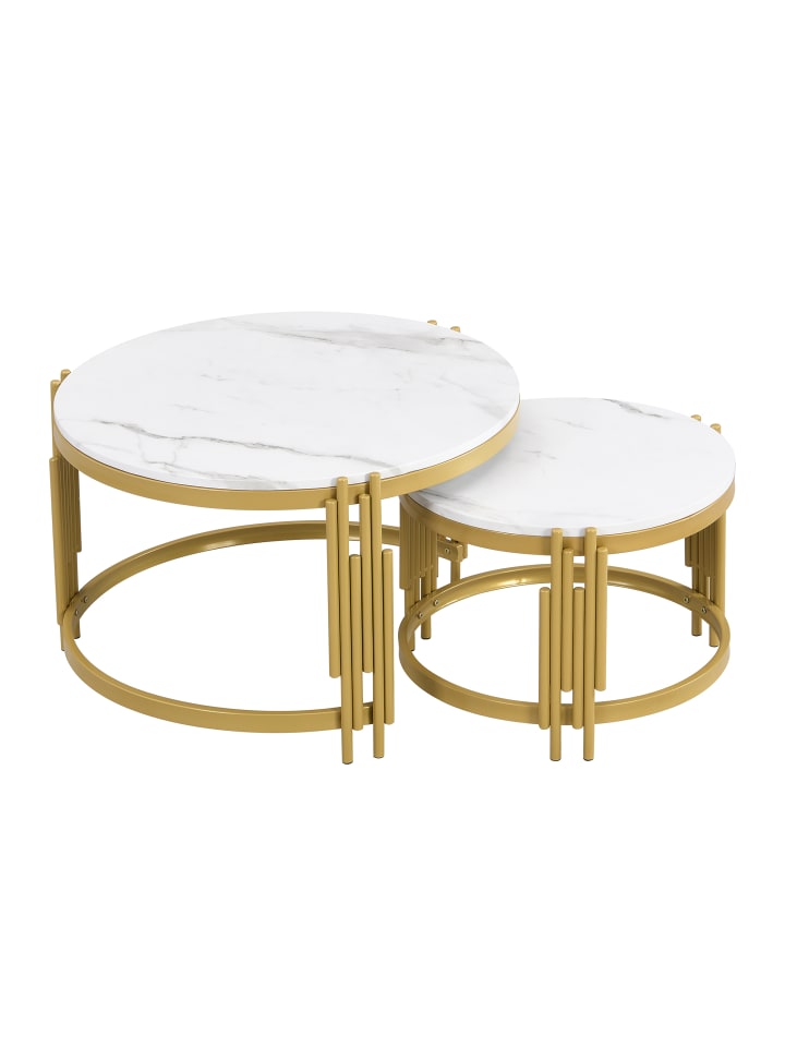 Couchtisch in Weiß 2 Tische in Marmoroptik mit goldenem Metallrahmen