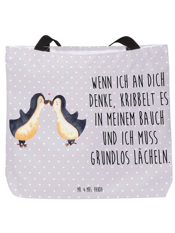 Damen Schultertasche Pinguine Kuss mit Spruch in Grau Pastell