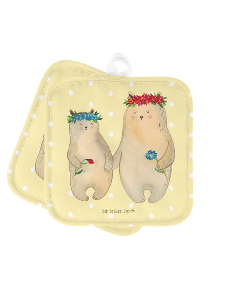 Topflappen Bären mit Blumenkranz ohne Spruch in Gelb Pastell