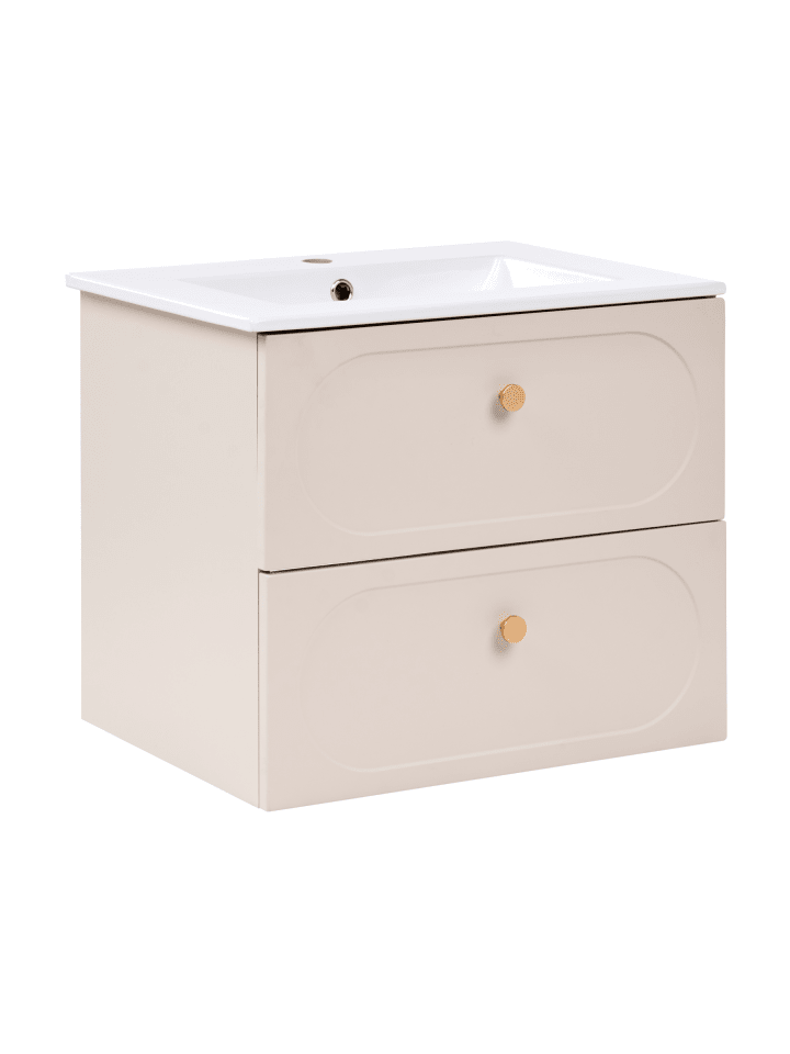 2-tlg Badezimmerschrank mit Waschbecken TARUMIR in Beige/Gold