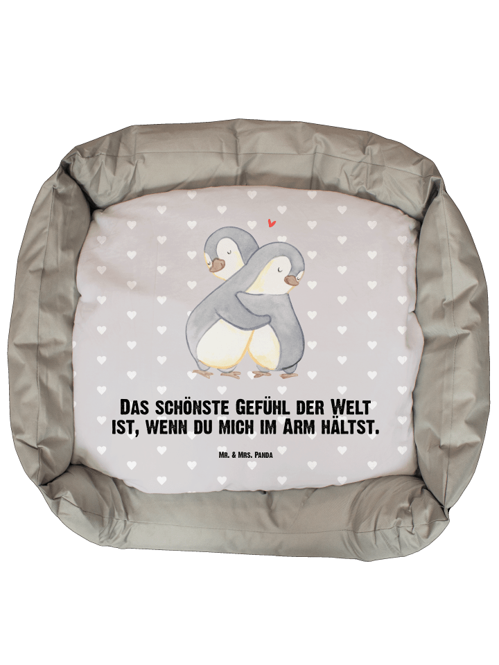 Hundekissen Pinguine Kuscheln mit Spruch in Grau Pastell