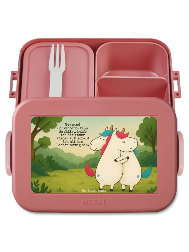 Snackbox Einhörner Umarmen Design mit Spruch in Rot Pastell