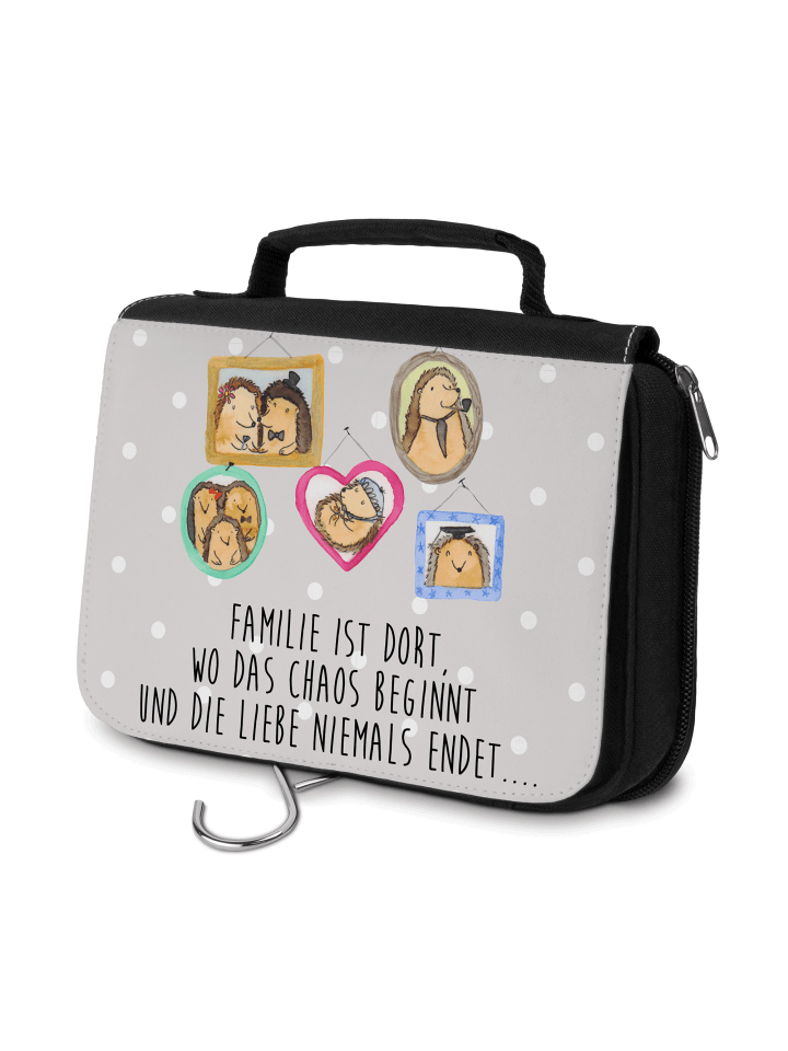 Kosmetiktasche Igel Familie mit Spruch in Grau Pastell