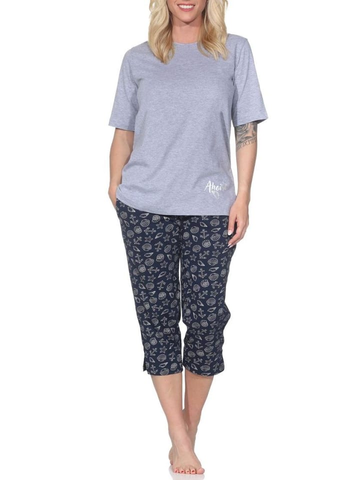 Kurzarm Pyjama Schlafanzug Shorty Maritimer Look 125 205 866 in grau