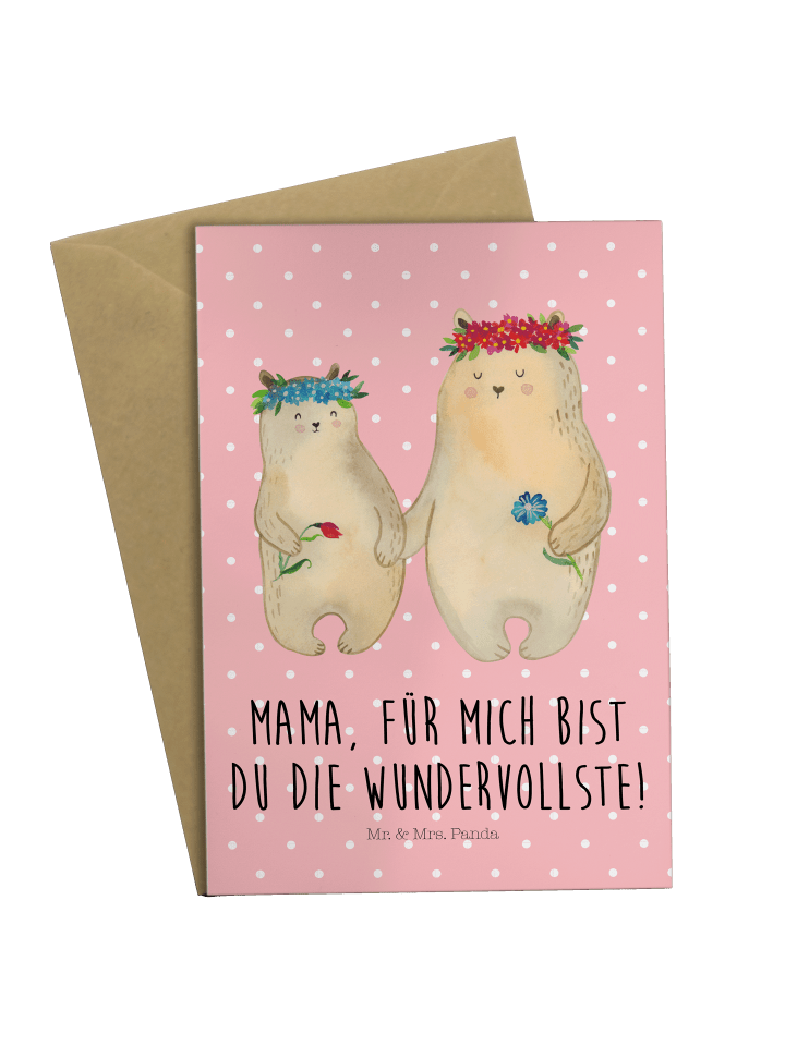 Grußkarte Bären mit Blumenkranz mit Spruch in Rot Pastell