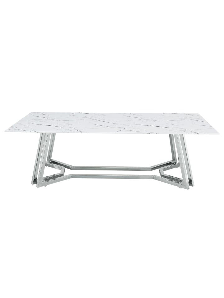 Couchtisch 110x60 cm Glasplatte Marmoroptik Weiß und Gestell in Chromfarben