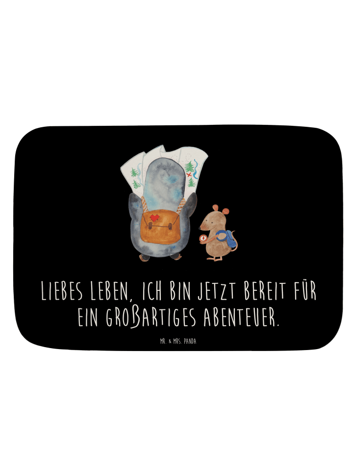 Badeteppich Pinguin & Maus Wanderer mit Spruch in Schwarz