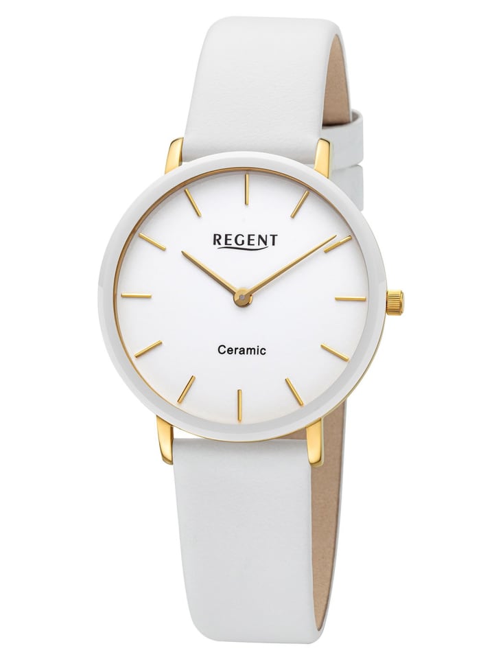 Damenuhr Edelstahl Vergoldet/Keramik Weiß Ø 34 mm