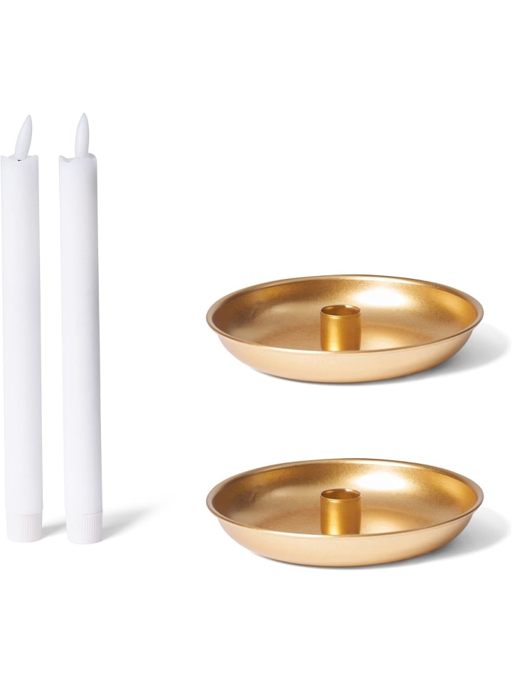 2er-Set Stabkerzenhalter Adventskranz rund Tafelkerzen Gold mit LED Pr in Gold