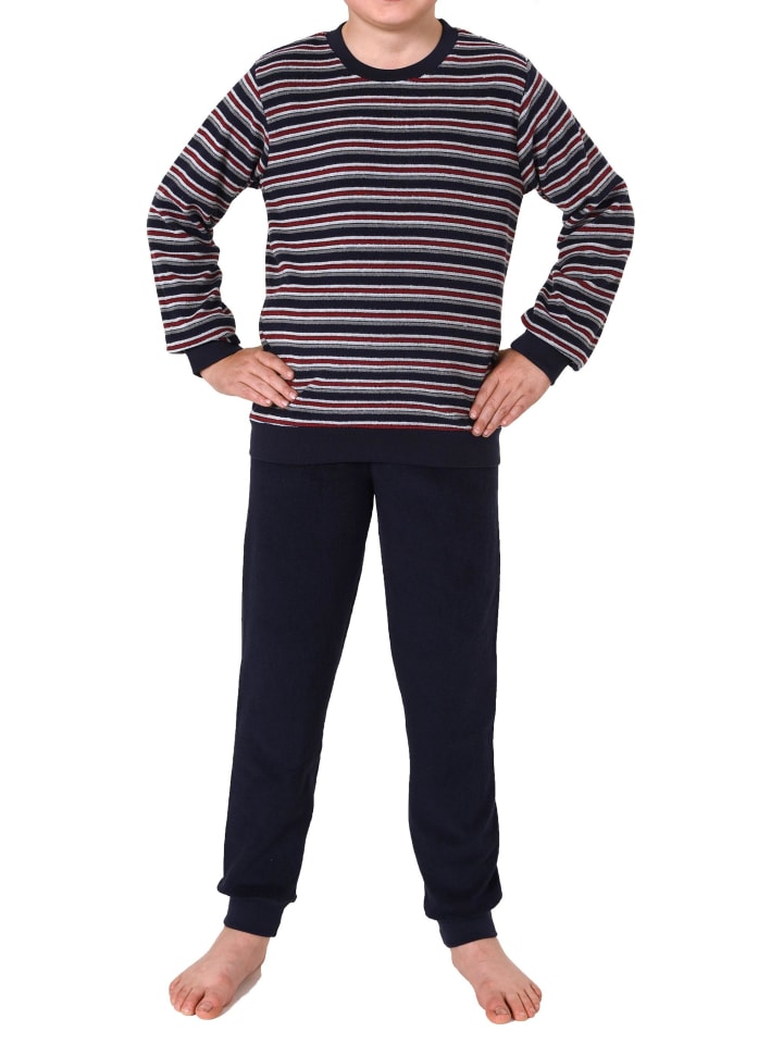 Frottee Schlafanzug Pyjama langarm Bündchen Streifen - 77011 in marine