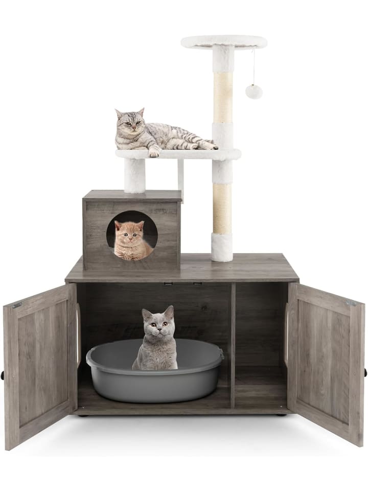 Kratzbaum mit Katzenschrank in Taupe