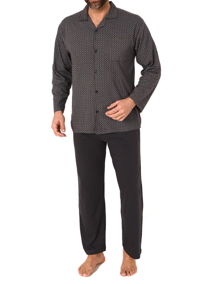 Langarm Schlafanzug Jersey Pyjama zum durchknöpfen - 81211 in dunkelgrau